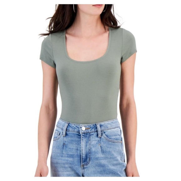 And Now This Bodysuit Square Neck Ribbed Sage Green Short Sleeve Top Size L NWT - Picture 1 of 6